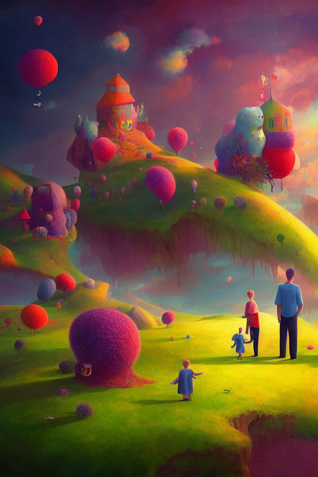 Colorful balloons and floating islands in whimsical landscape with family and dog.