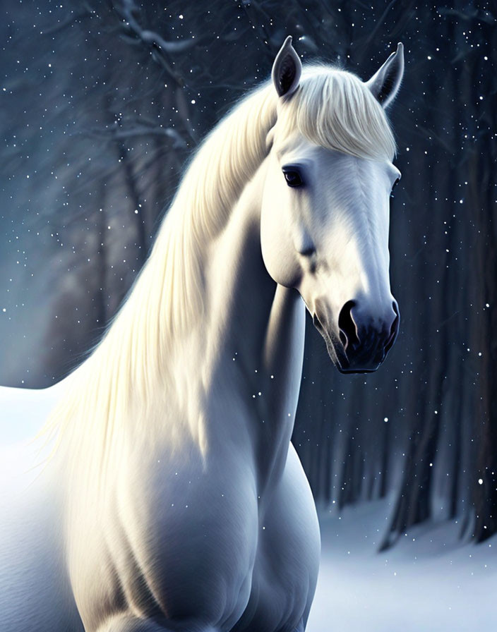 Majestic white horse in serene snowy landscape