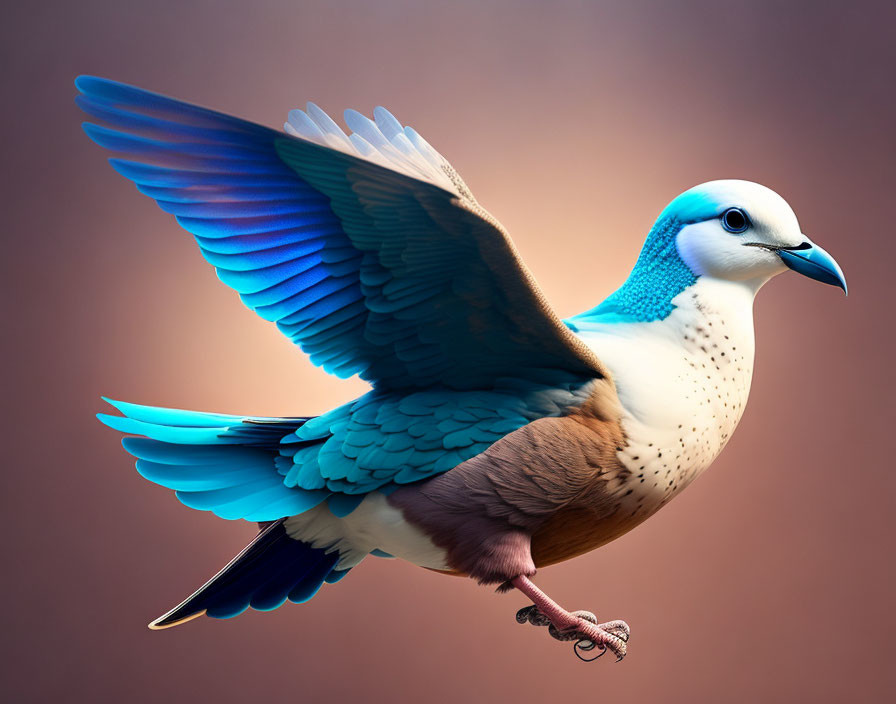 Vibrant blue-winged bird in mid-flight on gradient background