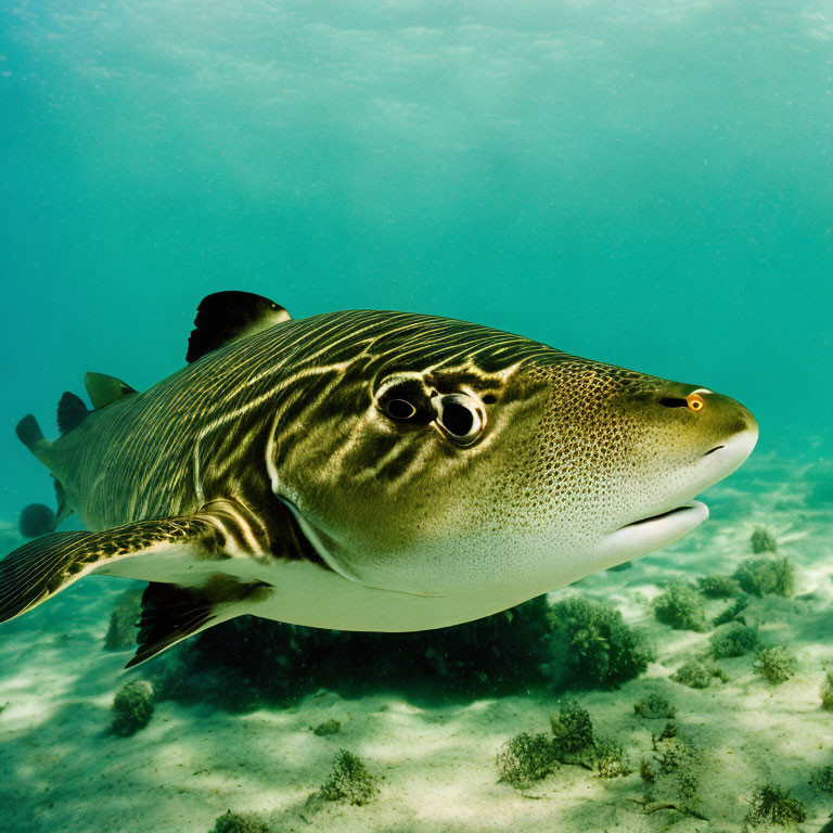 Pufferfish swimming near sea floor in clear, shallow water