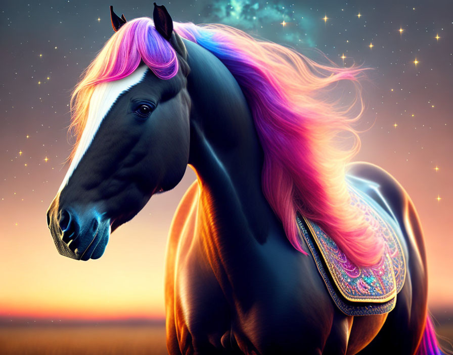 Majestic black horse with pink and purple mane under twilight sky