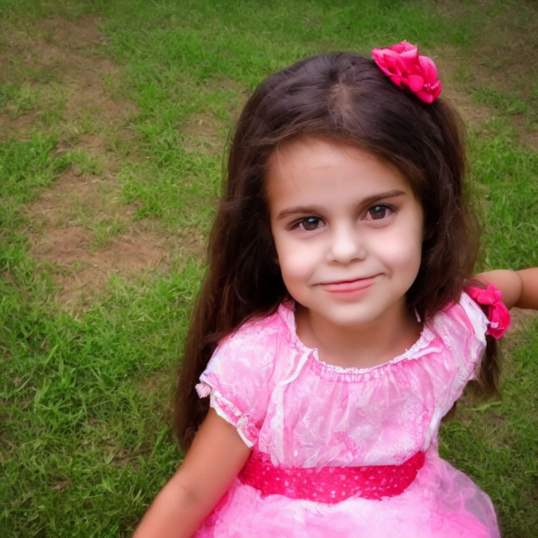 Smiling young girl in pink dress with flower in hair outdoors