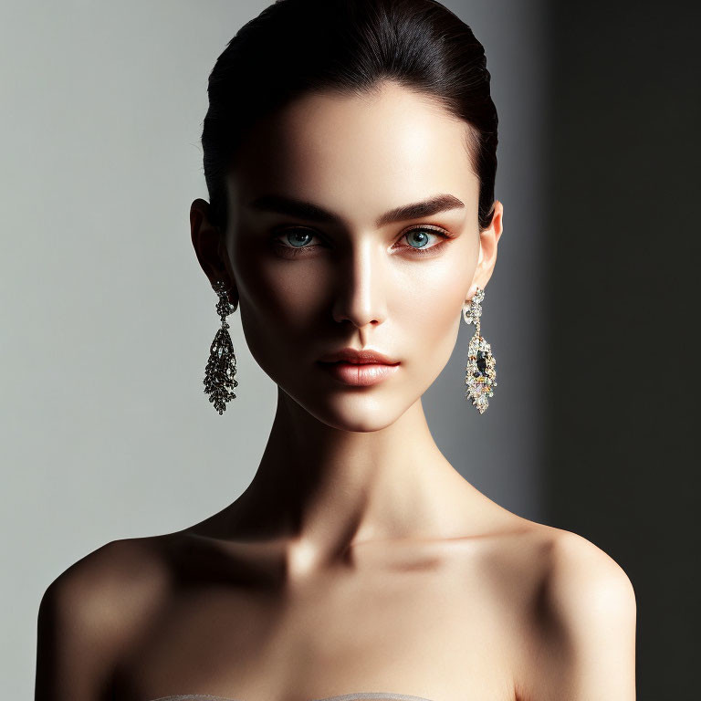 Portrait of Woman with Striking Blue Eyes and Elegant Earrings