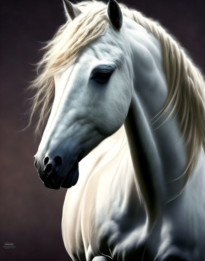 Majestic white horse with flowing mane and black eyes