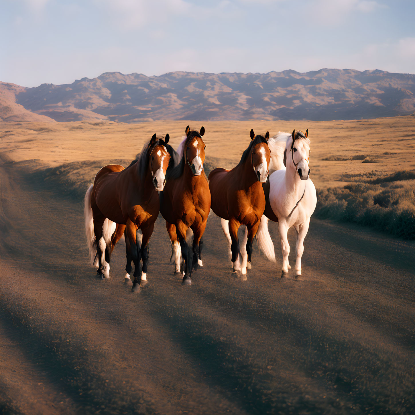 Four horses walking on dusty trail with grassy hill and clear sky