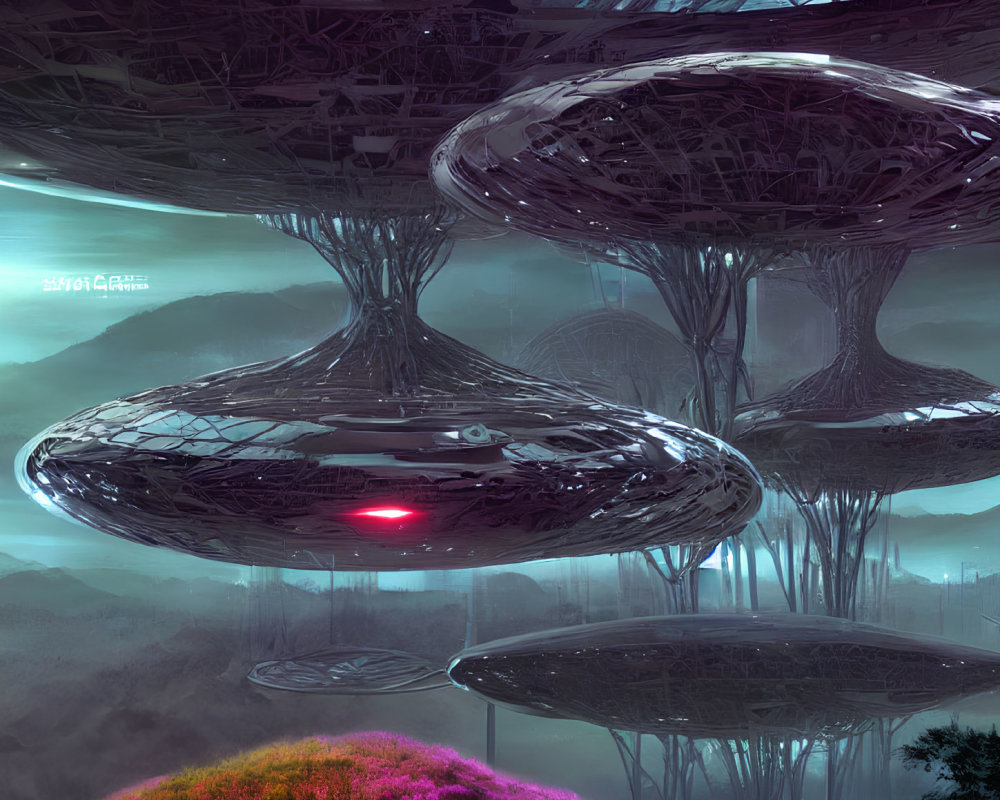 Futuristic cityscape with floating mushroom-like structures in misty alien landscape.