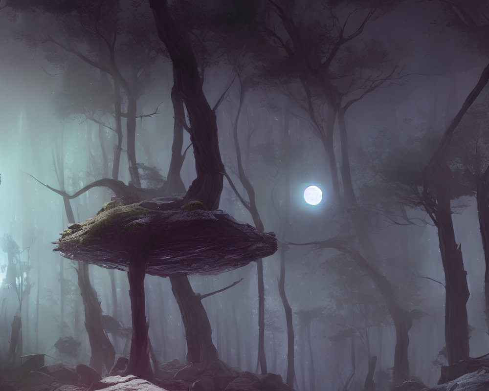 Enchanting night forest with glowing moon and large mushroom