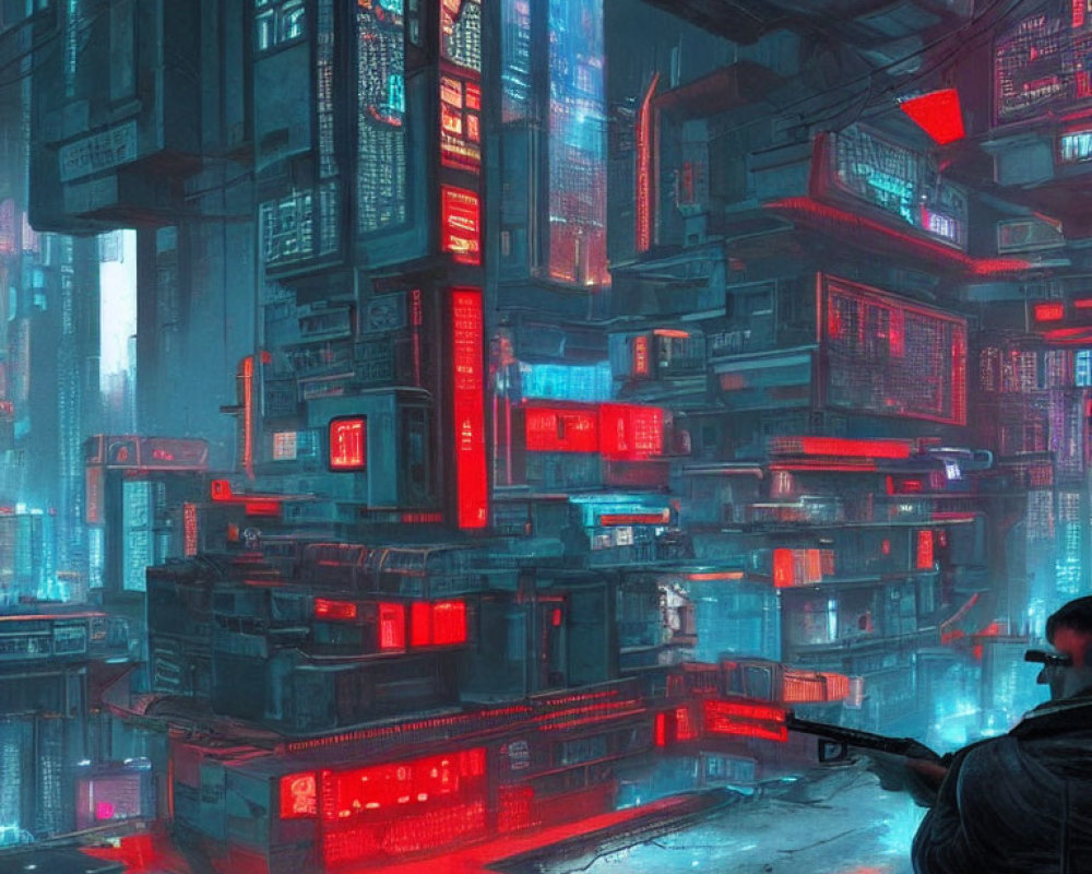 Futuristic night cityscape with neon-lit buildings and silhouette of person