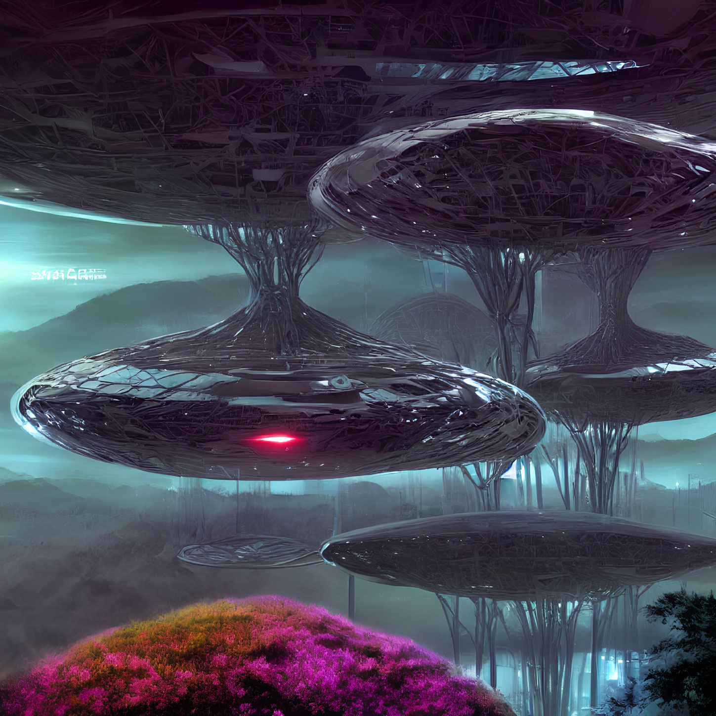 Futuristic cityscape with floating mushroom-like structures in misty alien landscape.