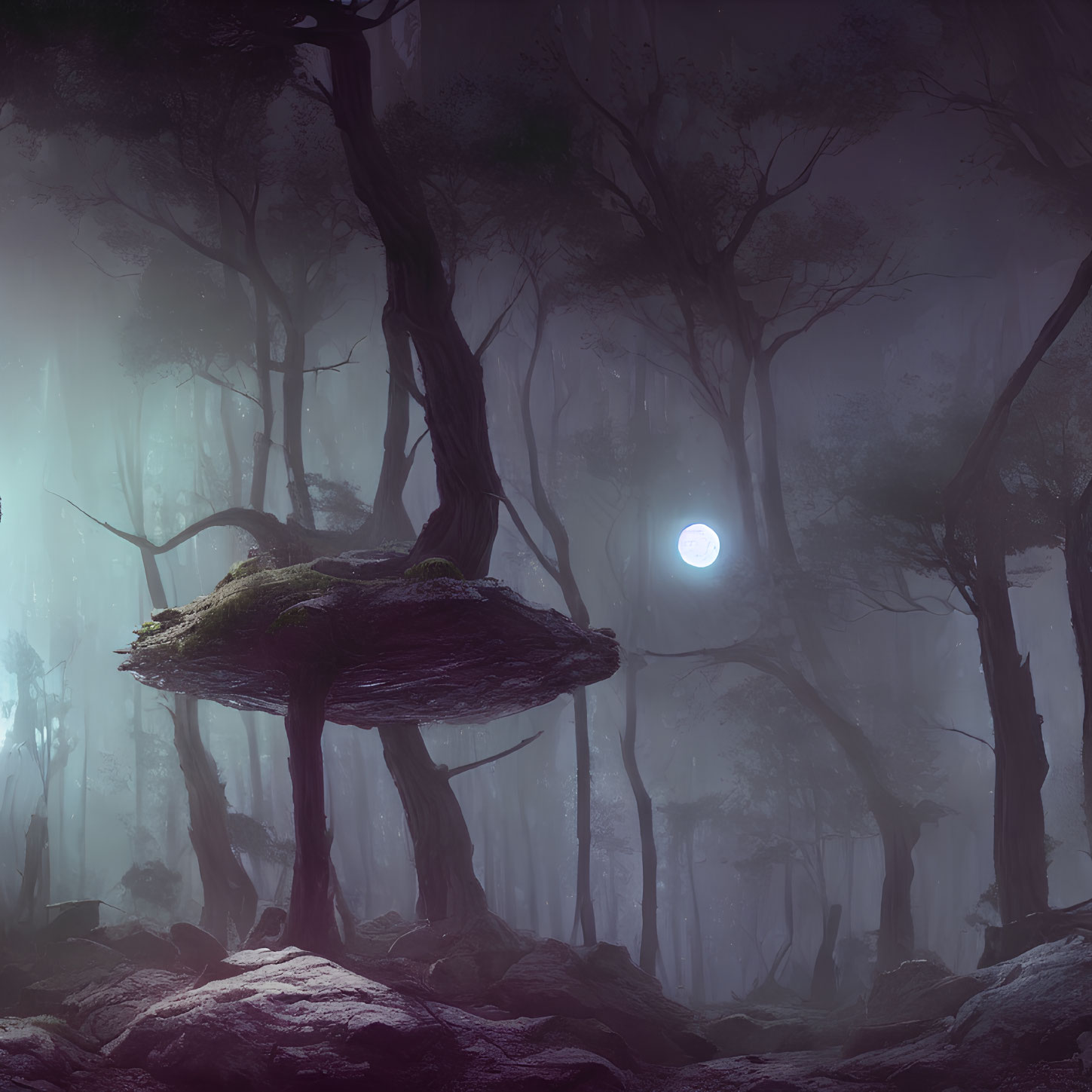 Enchanting night forest with glowing moon and large mushroom