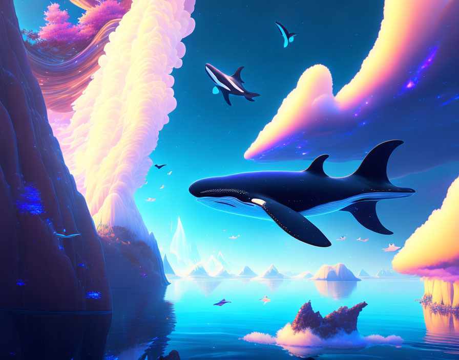 Fantasy landscape with flying whales, birds, coral-like trees, and icy mountains