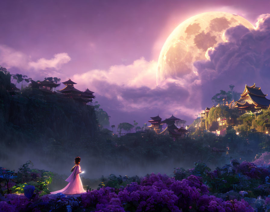 Person in dress surrounded by purple flowers under moon and pagodas at twilight