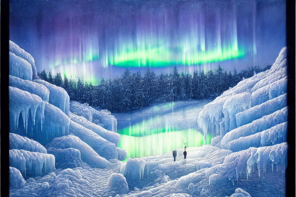 Auroras Light Up Snowy Landscape with Gazing Couple