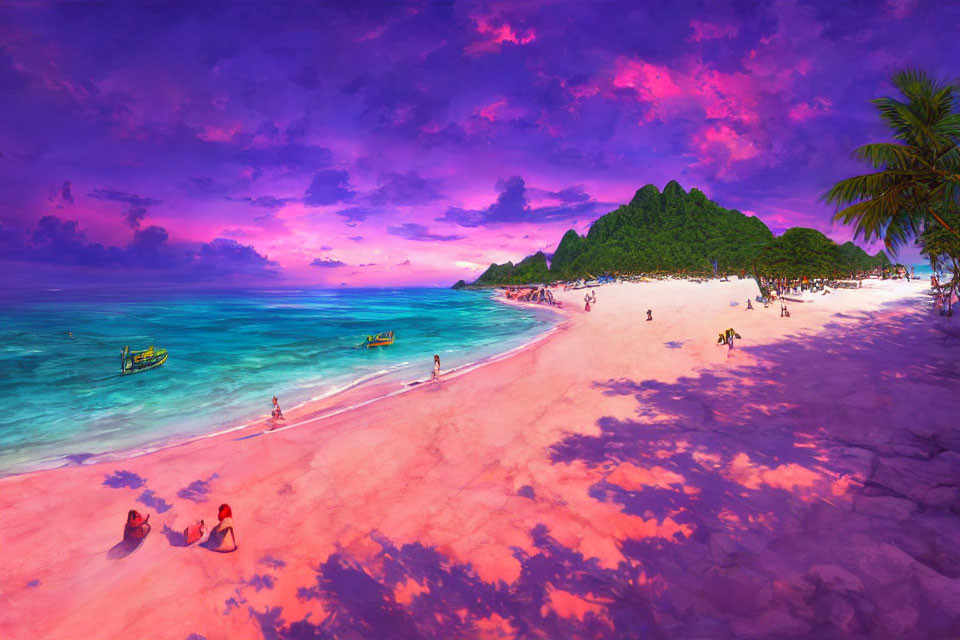 Scenic beach sunset: pink sand, strolling people, boats, purple sky