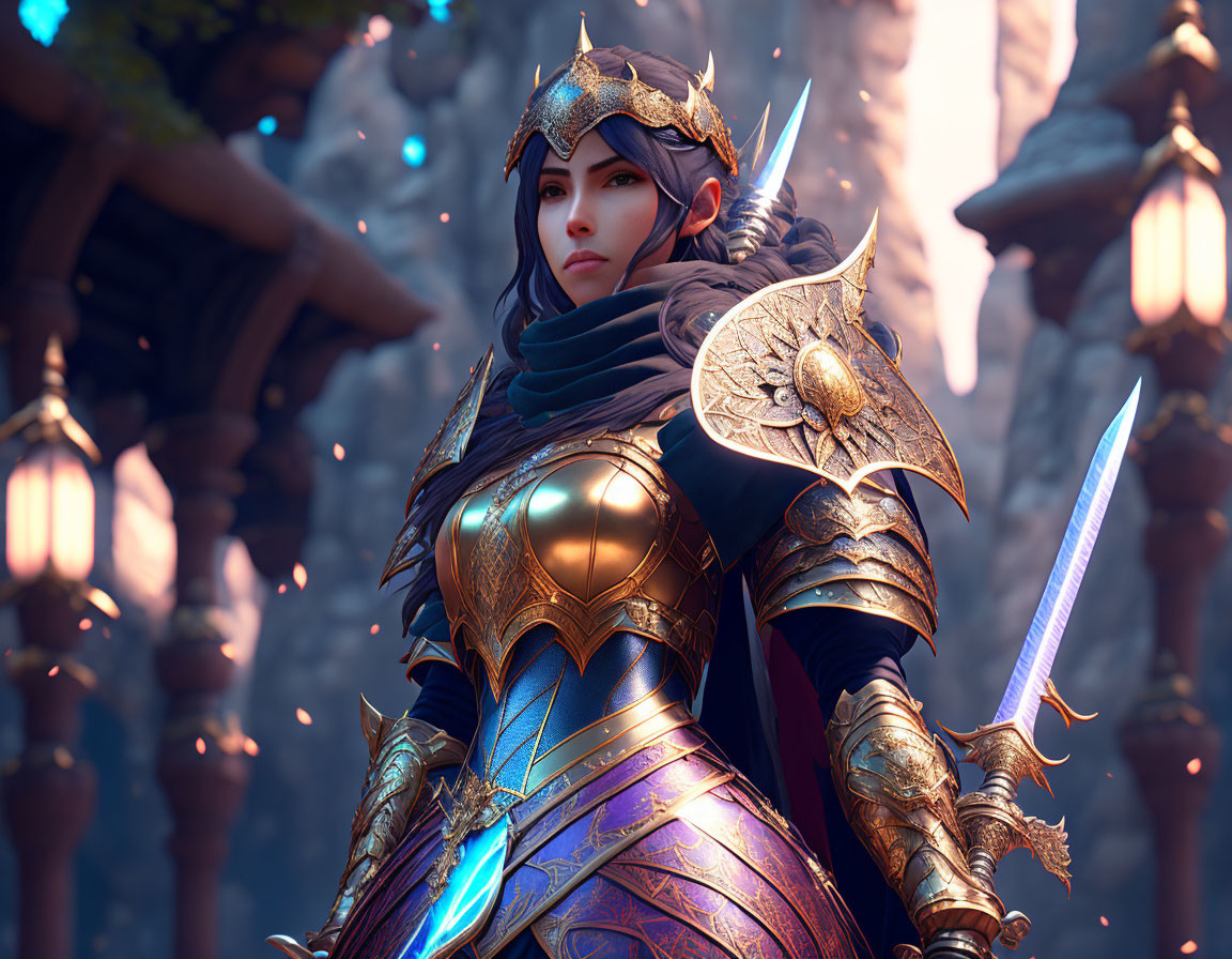 Female warrior digital artwork in ornate armor with sword against mystical temple backdrop