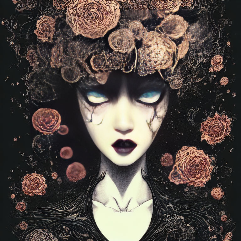 Fantastical dark art: pale figure with black hair, blue eyes, and rose crown