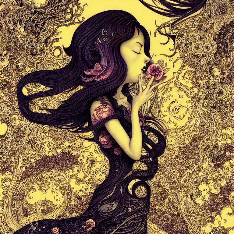 Illustration of girl with flowing hair and rose in ornate design.