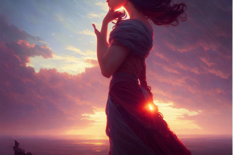 Silhouetted woman in flowing gown against vibrant sunset and sea.