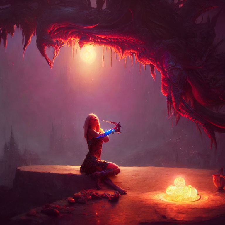 Woman playing violin near treasure with red dragon in dusk sky