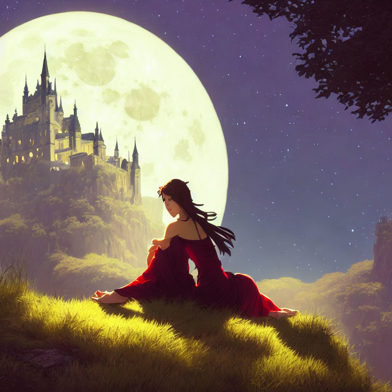 Woman in red dress gazes at castle under full moon in mystical landscape