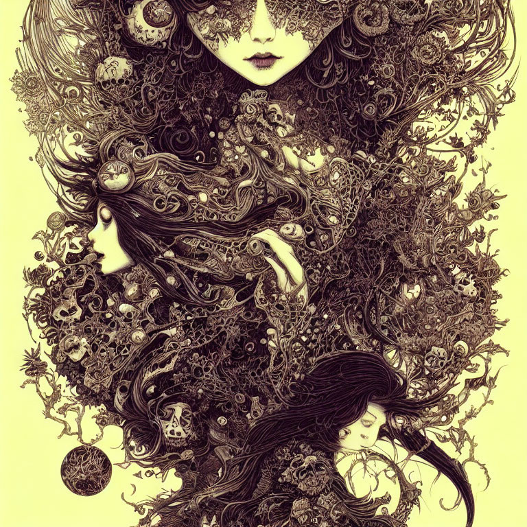 Detailed Sepia-Toned Artwork Featuring Women's Faces in Intricate Design