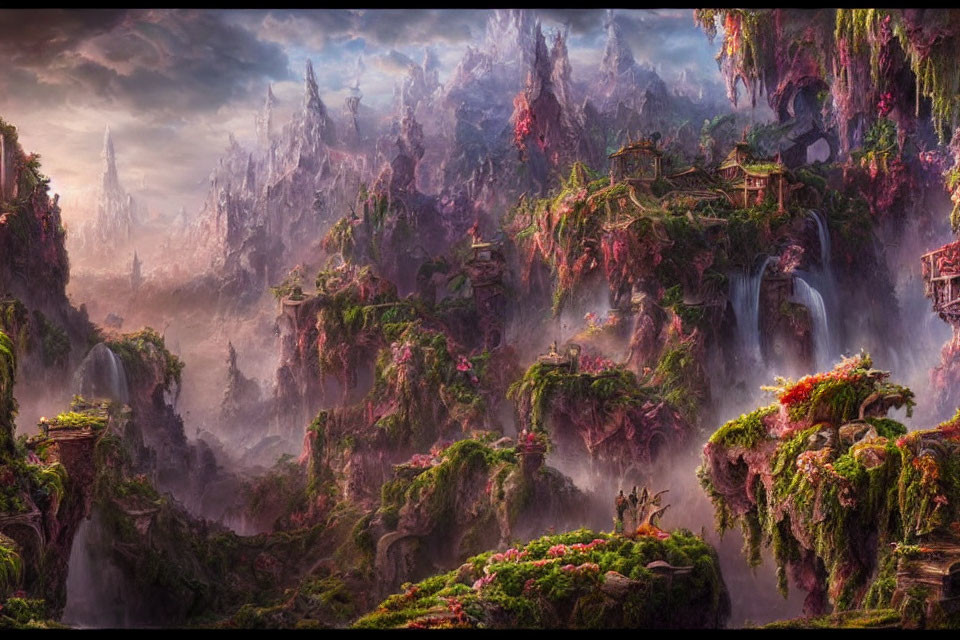 Mystical landscape with floating islands, waterfalls, and ancient structures