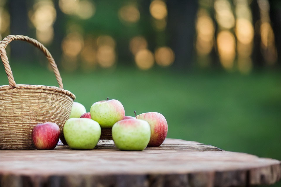 Wicker Basket with Red and Green Apples on Wooden Surface