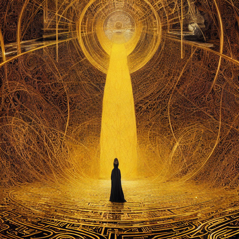 Cloaked Figure in Radiant Golden Beam in Circular Universe