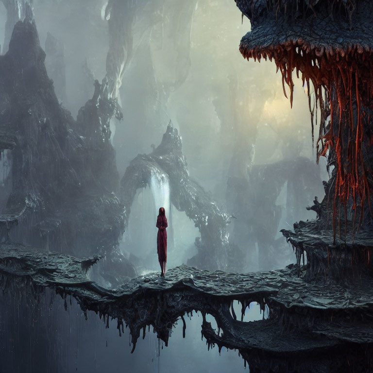 Mysterious figure in red cloak on jagged cliff in ethereal landscape