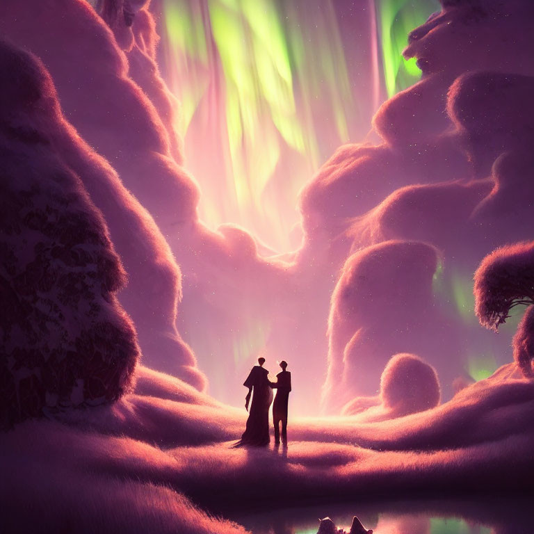 Couple in snowy landscape under vibrant aurora borealis