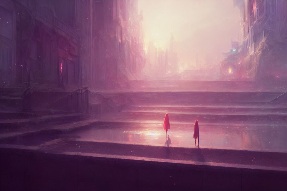 Silhouetted figures in misty pink cityscape with grand staircases