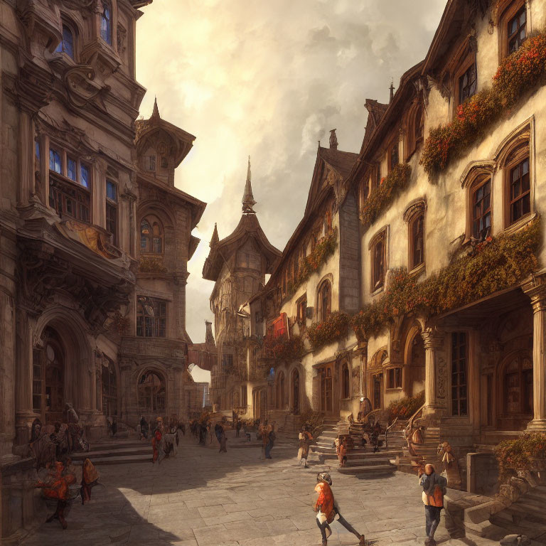 Historic European Town Square with Sunlit Stone Buildings