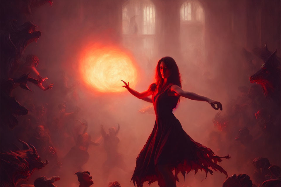 Woman in dark dress summons fiery orb with shadowy figures in misty, red-hued setting