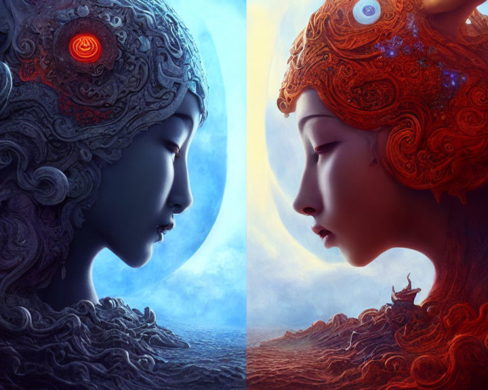 Stylized split image of faces: cool blue tones with red eye, warm tones with luminous