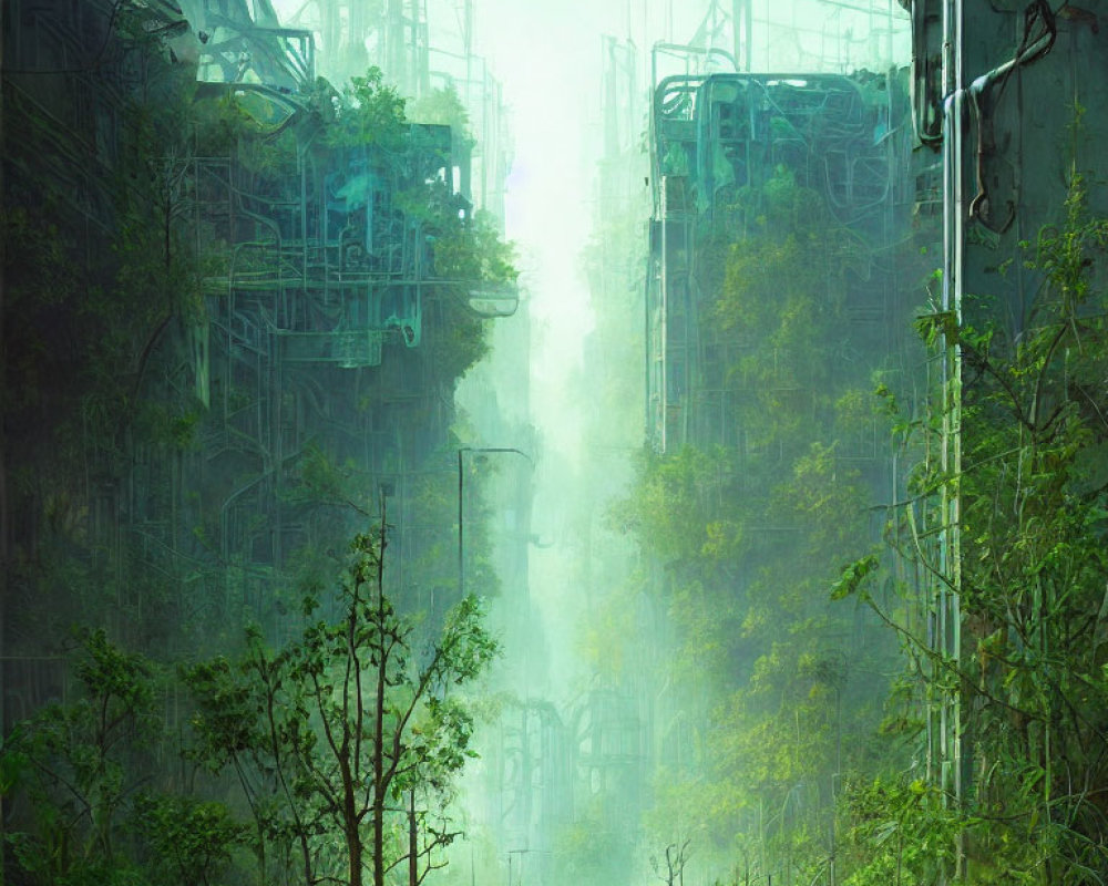 Abandoned cityscape reclaimed by nature in mist