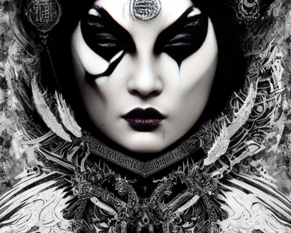 Monochromatic image of person with ornate black and white makeup and decorative costume