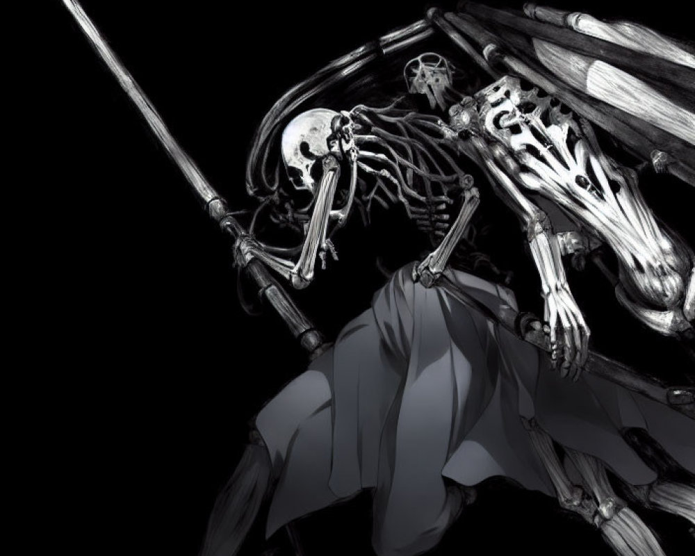 Monochrome Skeletons in Dynamic Pose with Baton in Dark Setting