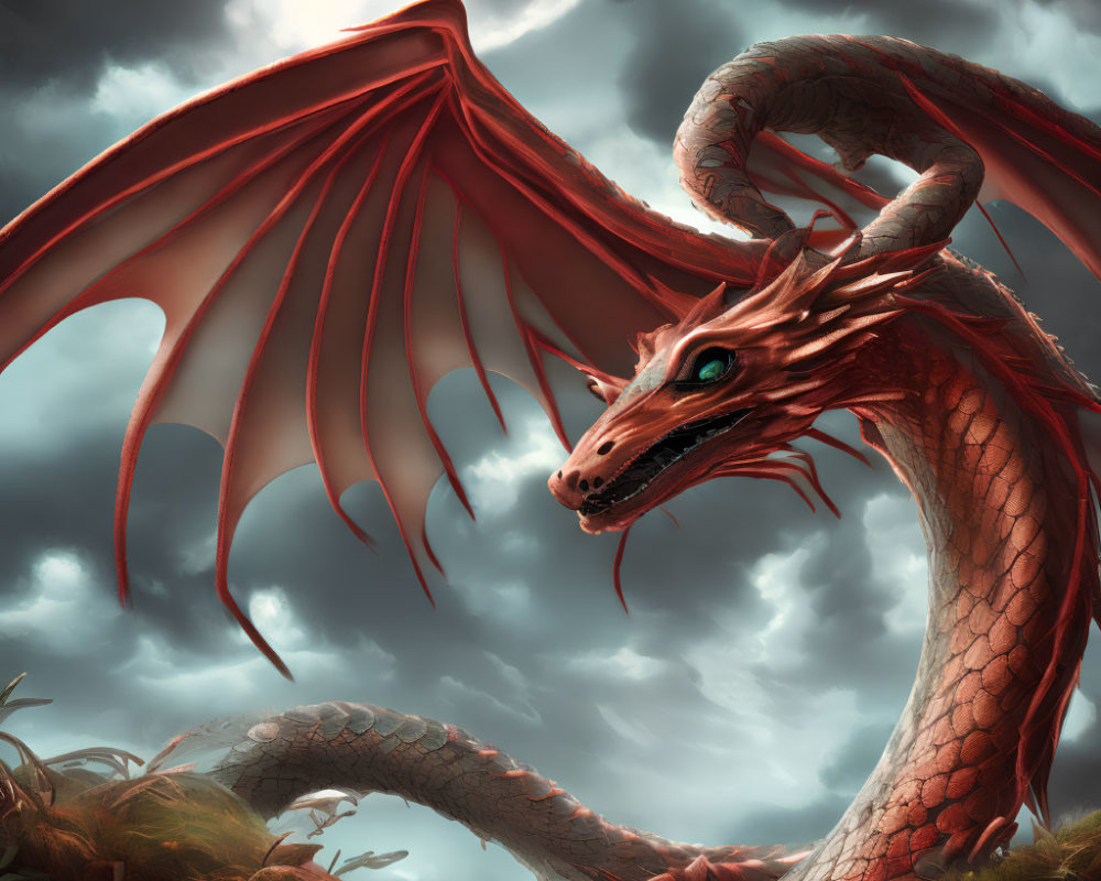 Red-Winged Dragon with Scales and Green Eyes in Stormy Sky