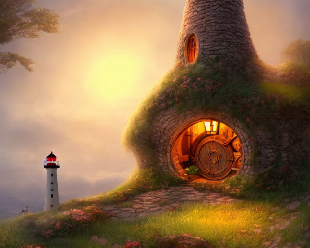 Stone cottage and miniature lighthouse in lush hillside at sunset