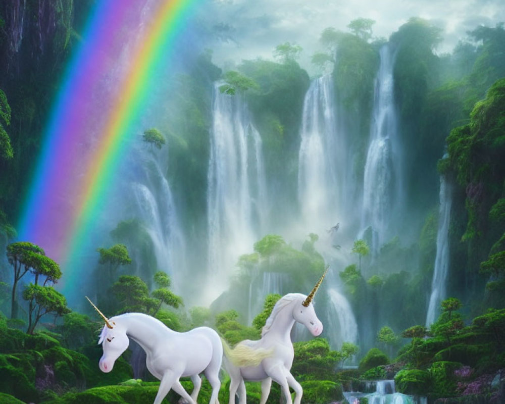 White Unicorns in Green Forest with Waterfalls & Rainbow