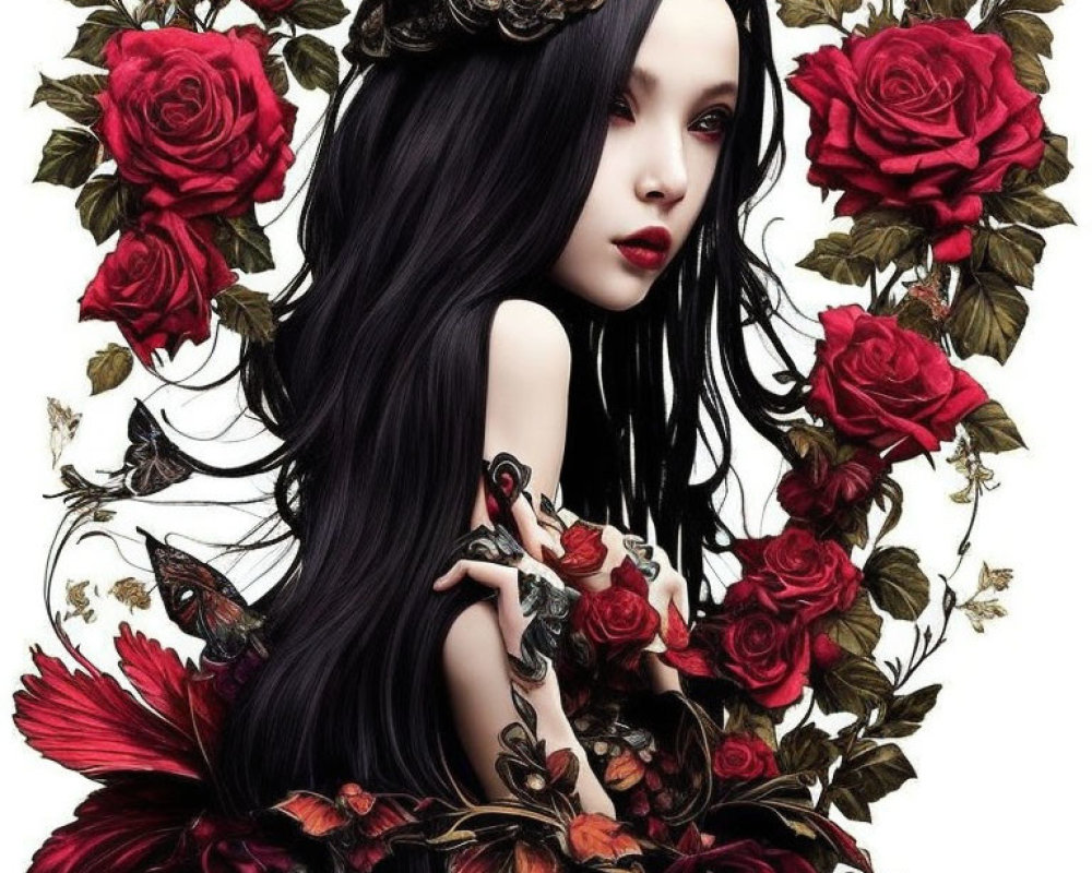 Gothic fantasy illustration of a woman with black hair, roses, butterflies, floral dress.