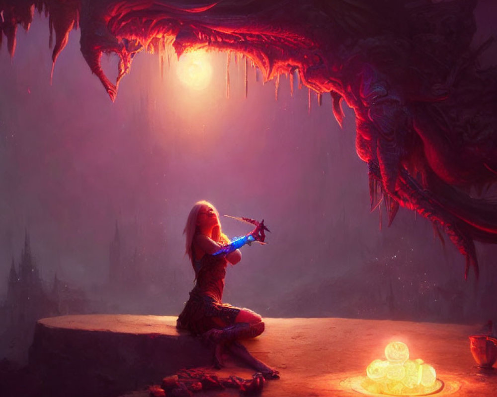 Woman playing violin near treasure with red dragon in dusk sky