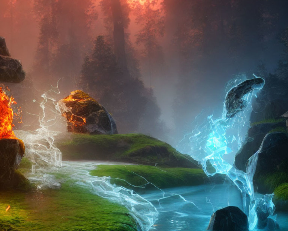 Enchanting forest scene with fire, lightning, greenery, mist, and sunlight