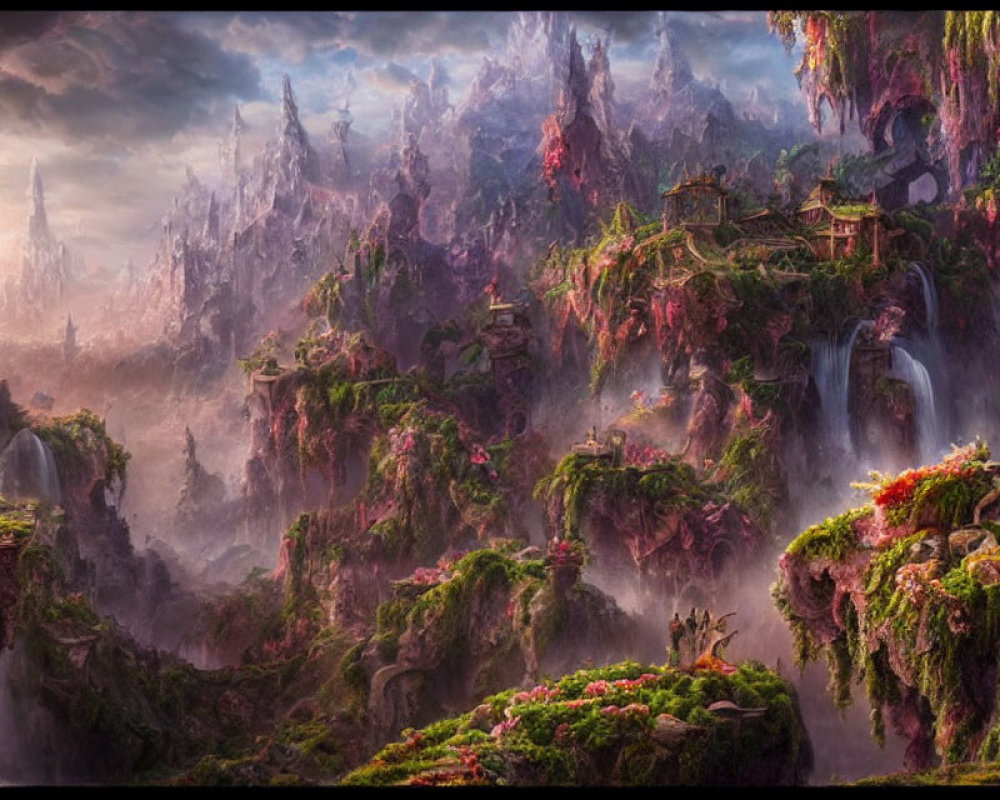 Mystical landscape with floating islands, waterfalls, and ancient structures