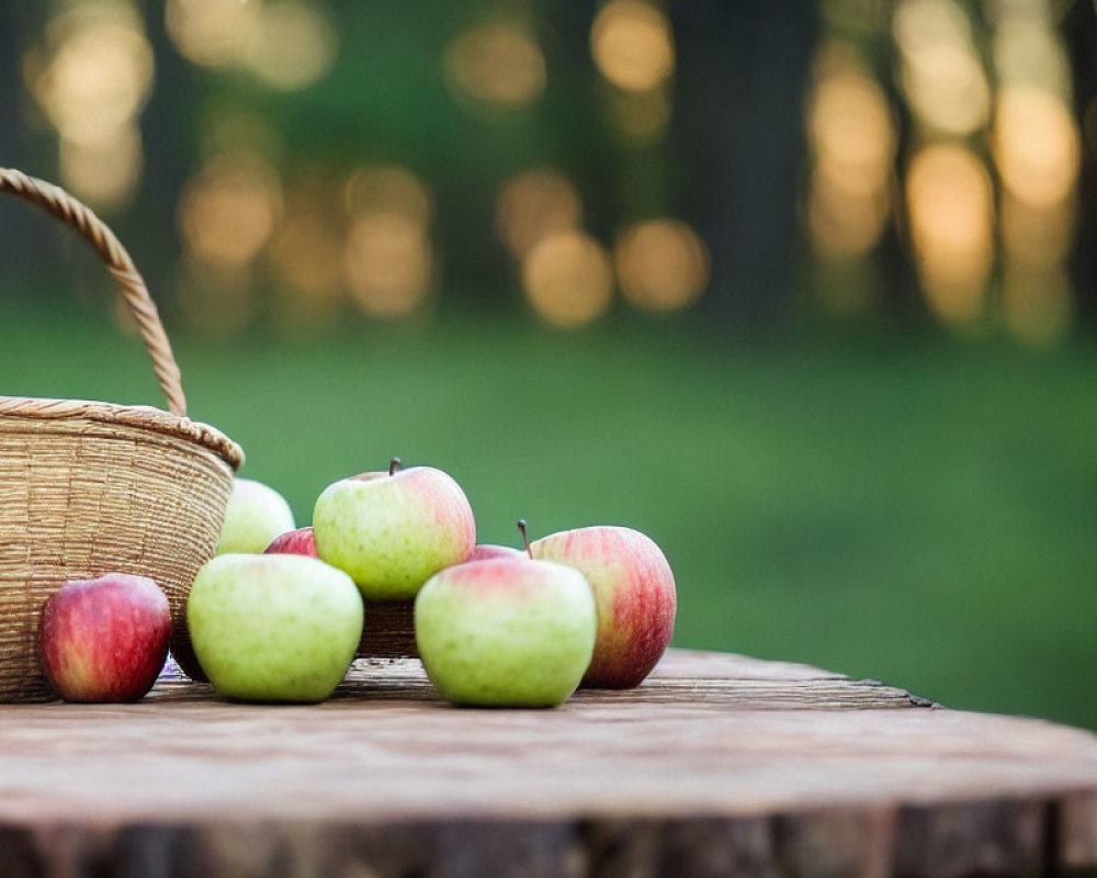 Wicker Basket with Red and Green Apples on Wooden Surface