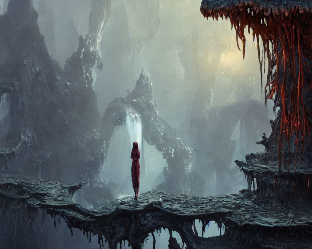 Mysterious figure in red cloak on jagged cliff in ethereal landscape