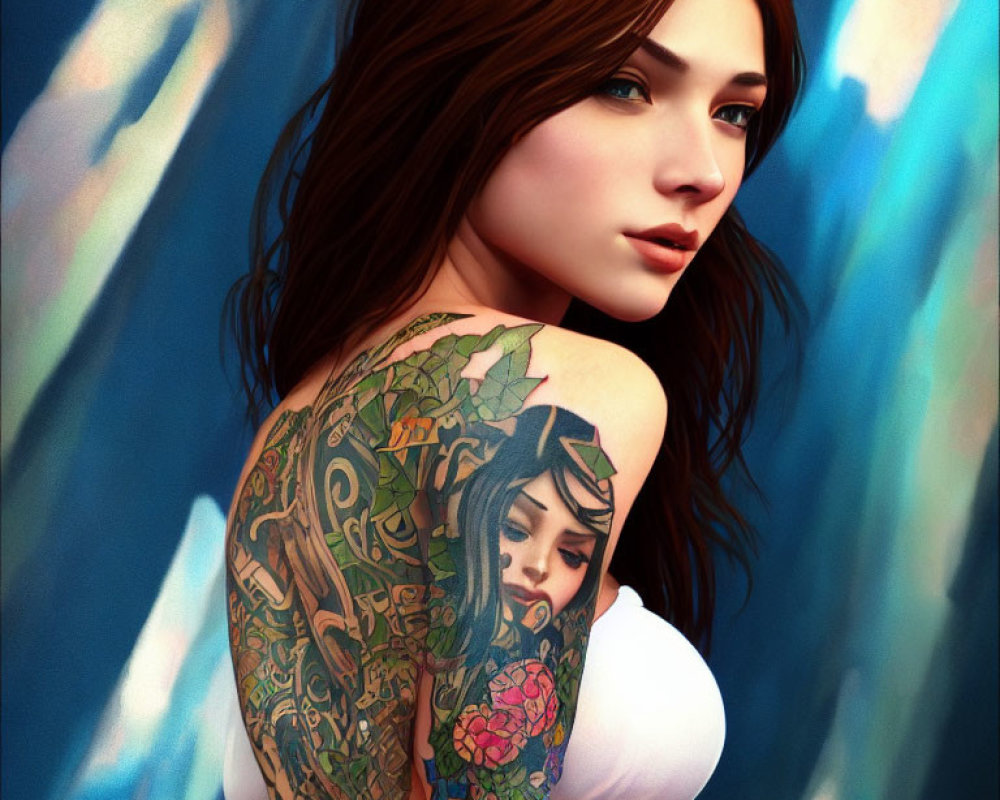 Detailed sleeve tattoo on woman gazing over shoulder