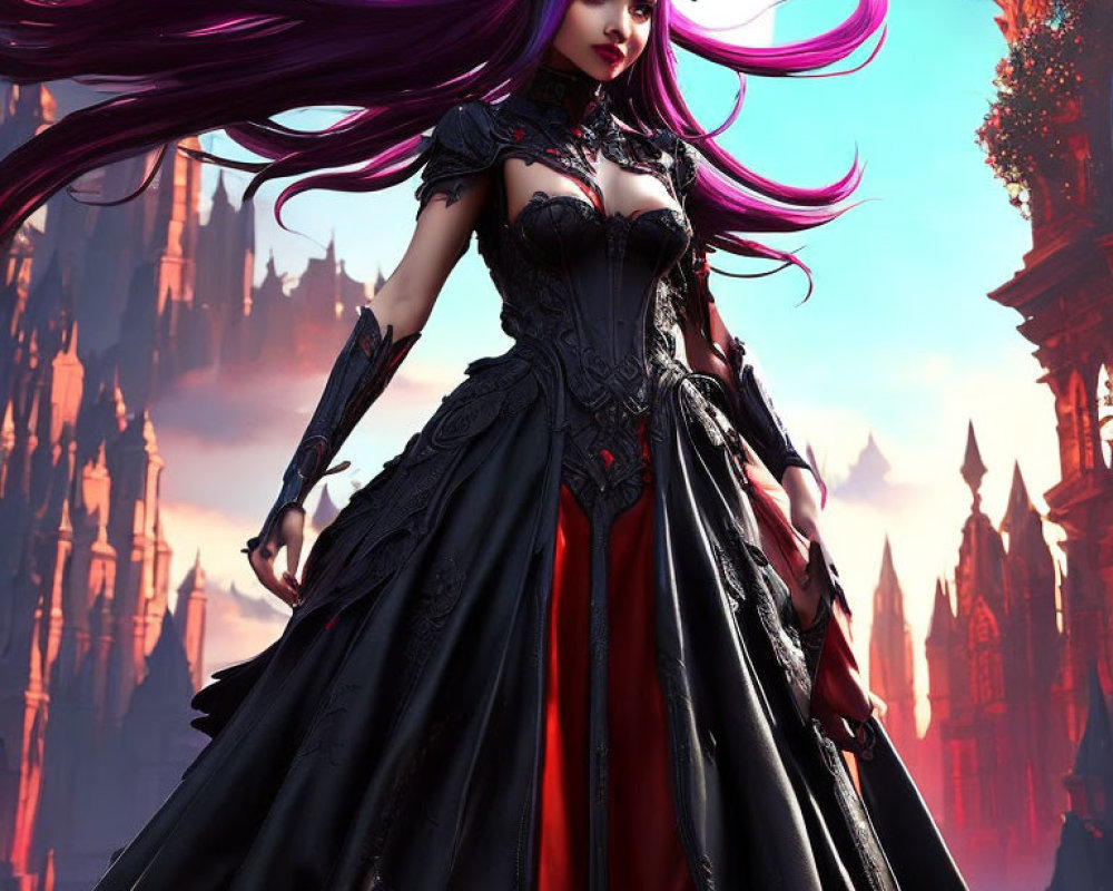 Digital Artwork: Woman with Purple Hair in Gothic Dress at Fantasy Castle