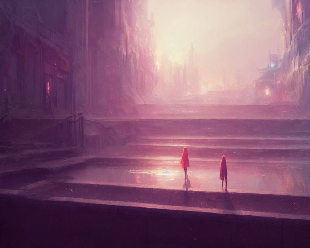 Silhouetted figures in misty pink cityscape with grand staircases