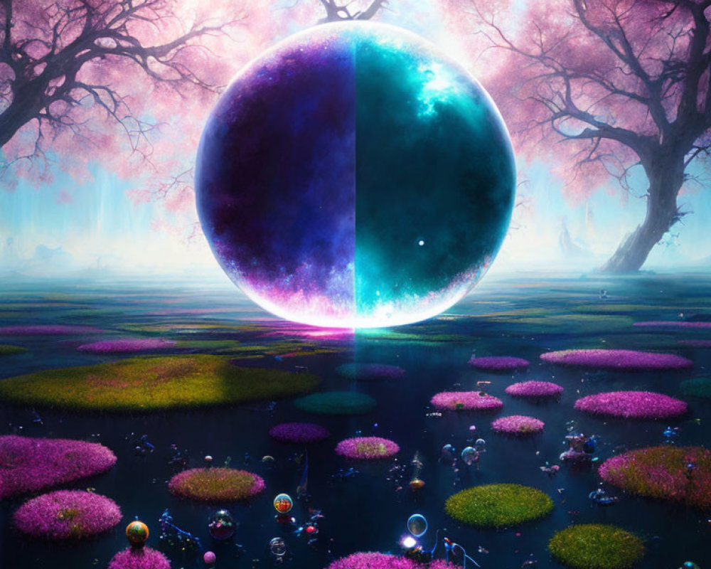 Fantastical landscape with giant celestial sphere and vibrant flora